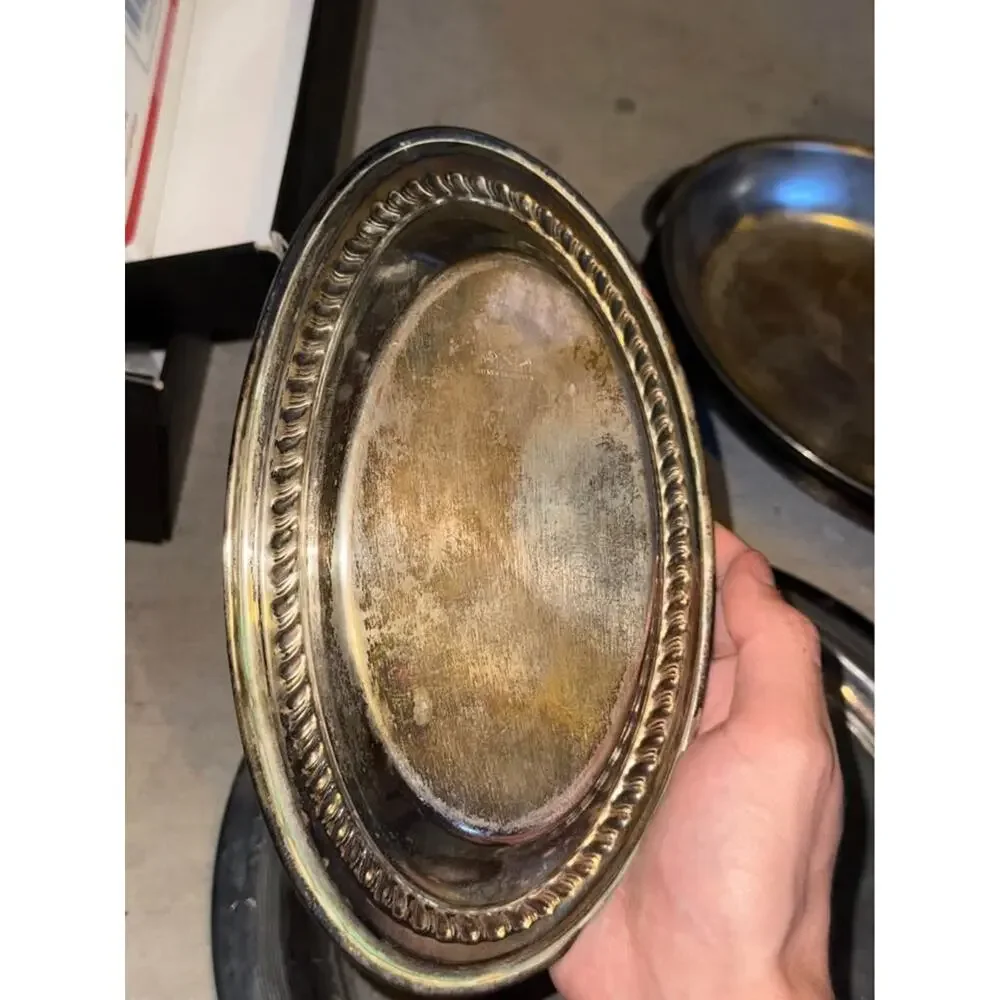 Vintage Silver Plate On Copper Oval Serving Dish / Tray, Eagle in Shield Makers